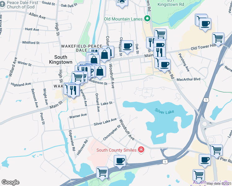 map of restaurants, bars, coffee shops, grocery stores, and more near 383 Woodruff Avenue in South Kingstown