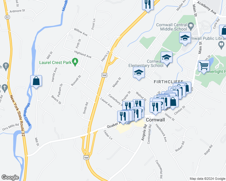 map of restaurants, bars, coffee shops, grocery stores, and more near 43 Maple Street in Cornwall