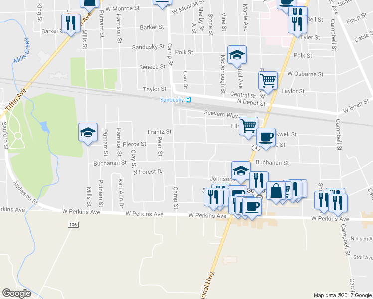 map of restaurants, bars, coffee shops, grocery stores, and more near 1314 Pierce Street in Sandusky