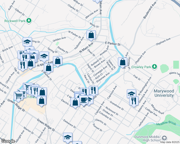 map of restaurants, bars, coffee shops, grocery stores, and more near 2130 Brown Avenue in Scranton