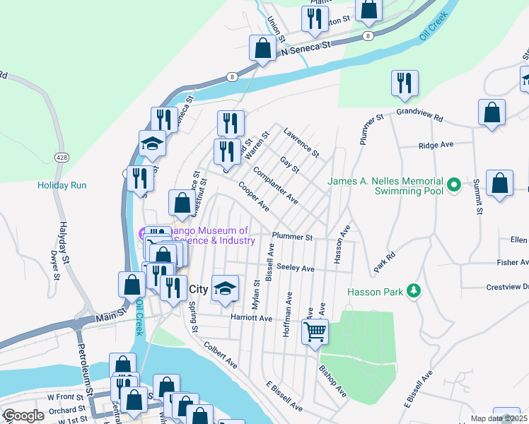 map of restaurants, bars, coffee shops, grocery stores, and more near 202 Plummer St in Oil City