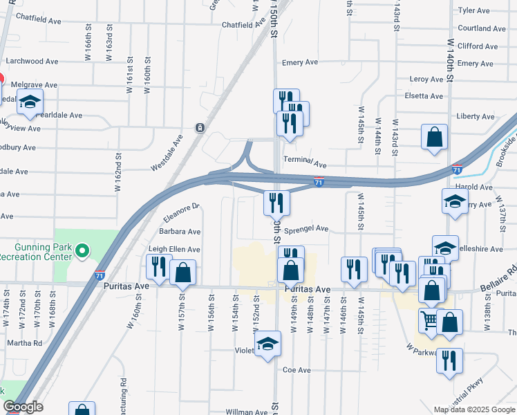 map of restaurants, bars, coffee shops, grocery stores, and more near 4297 W 152nd St in Cleveland