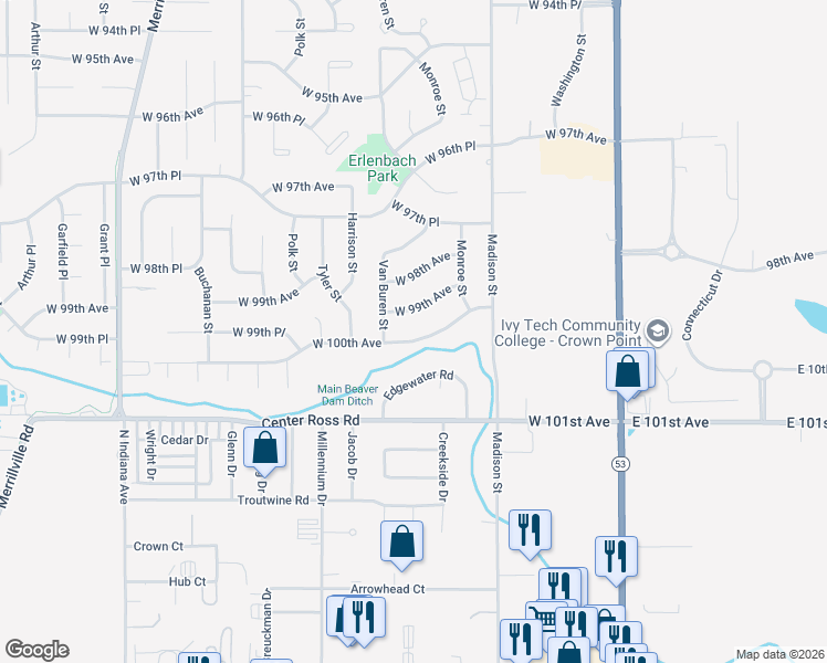 map of restaurants, bars, coffee shops, grocery stores, and more near 1300 West 100th Avenue in Crown Point