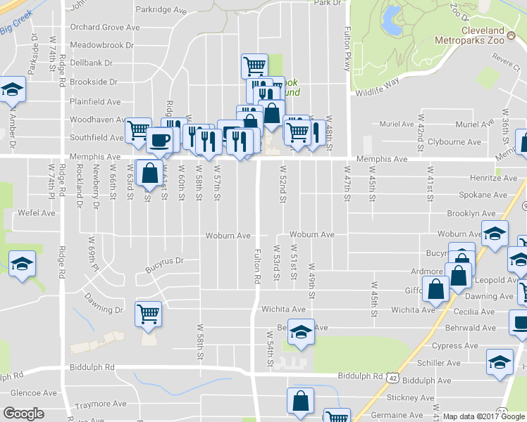 map of restaurants, bars, coffee shops, grocery stores, and more near 4371 Fulton Road in Cleveland