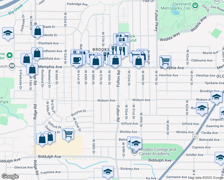 map of restaurants, bars, coffee shops, grocery stores, and more near 4371 West 56th Street in Cleveland