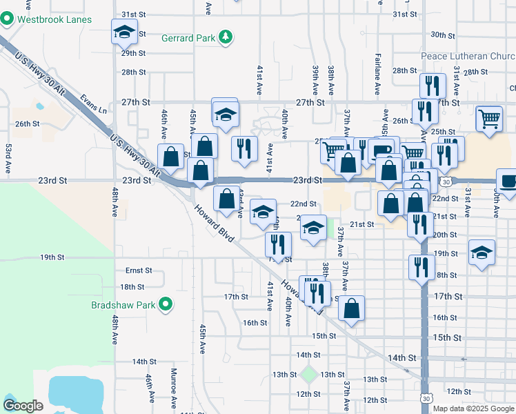 map of restaurants, bars, coffee shops, grocery stores, and more near 4217 Bray Drive in Columbus