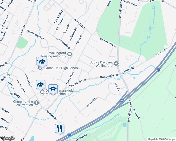 map of restaurants, bars, coffee shops, grocery stores, and more near 45 Shady Drive in Wallingford