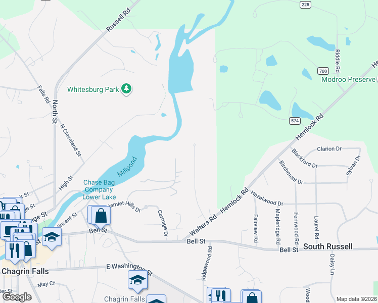 map of restaurants, bars, coffee shops, grocery stores, and more near 378 Hickory Hill Road in Chagrin Falls