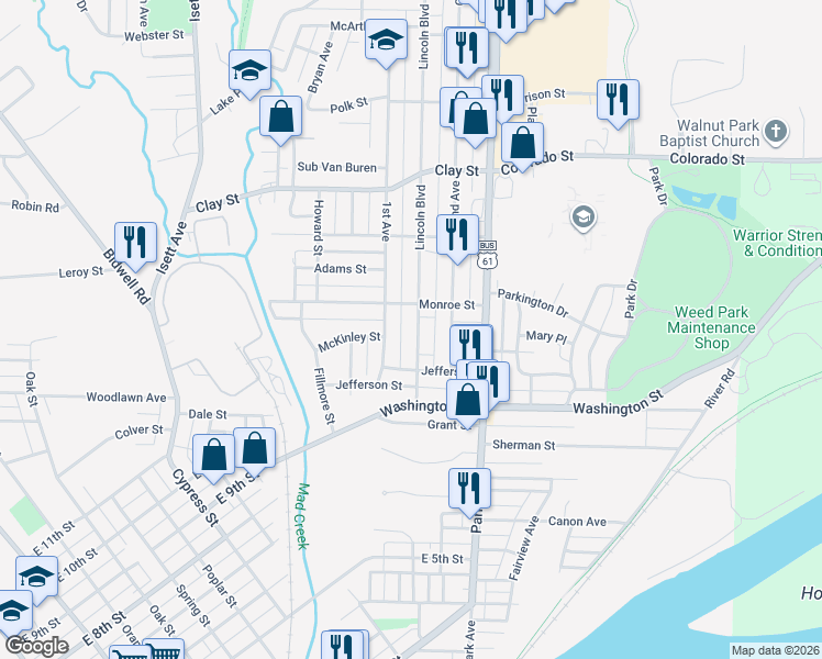 map of restaurants, bars, coffee shops, grocery stores, and more near 1108 Lincoln Boulevard in Muscatine
