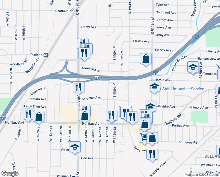 map of restaurants, bars, coffee shops, grocery stores, and more near 4307 West 146th Street in Cleveland