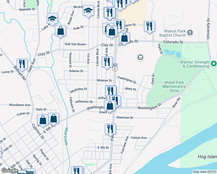 map of restaurants, bars, coffee shops, grocery stores, and more near 113 Madison Street in Muscatine