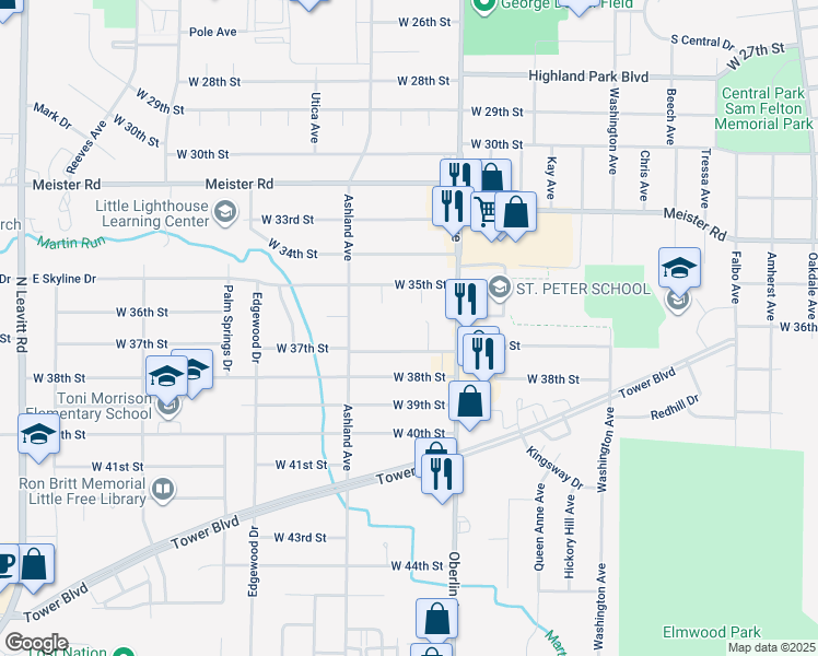 map of restaurants, bars, coffee shops, grocery stores, and more near 1220 West 37th Street in Lorain
