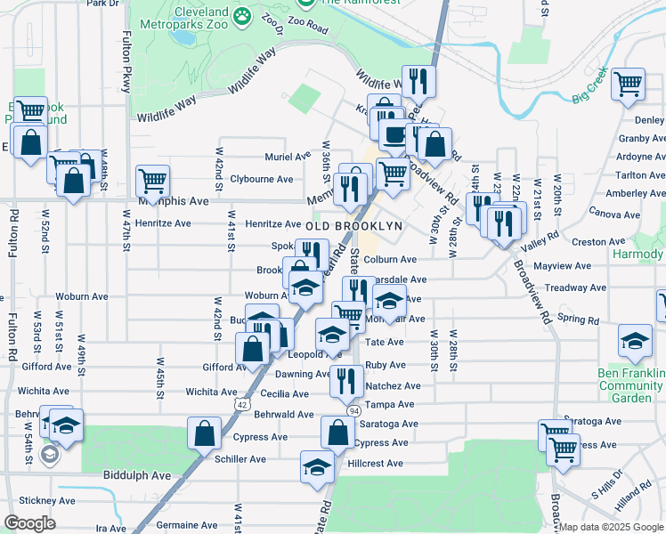map of restaurants, bars, coffee shops, grocery stores, and more near 4343 Pearl Road in Cleveland