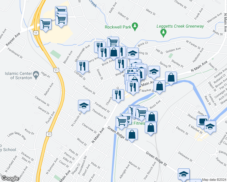 map of restaurants, bars, coffee shops, grocery stores, and more near 119 Oak Street in Scranton