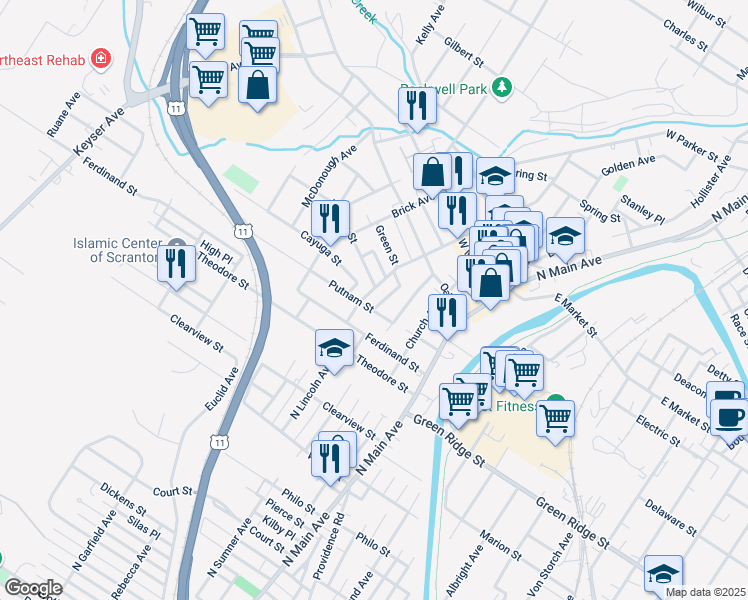 map of restaurants, bars, coffee shops, grocery stores, and more near 1708 Wayne Avenue in Scranton