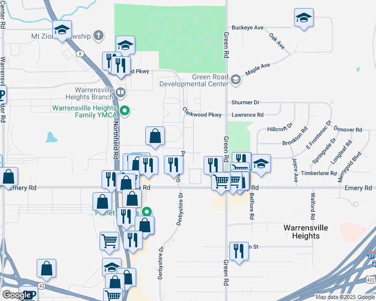 map of restaurants, bars, coffee shops, grocery stores, and more near 4490 Granada Boulevard in Warrensville Heights