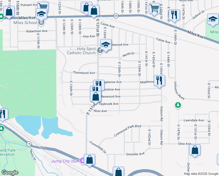 map of restaurants, bars, coffee shops, grocery stores, and more near 13309 Christine Avenue in Garfield Heights