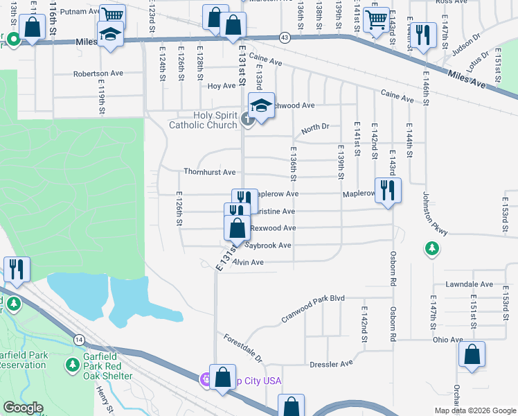 map of restaurants, bars, coffee shops, grocery stores, and more near 13309 Christine Avenue in Garfield Heights