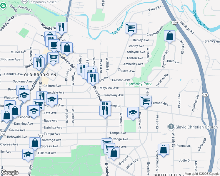 map of restaurants, bars, coffee shops, grocery stores, and more near 2033 Mayview Avenue in Cleveland