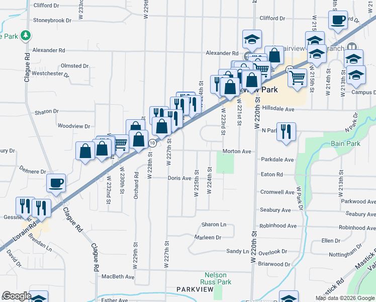 map of restaurants, bars, coffee shops, grocery stores, and more near 4455 West 226th Street in Fairview Park