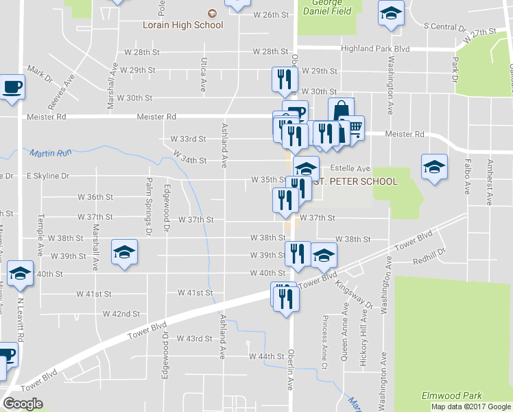 map of restaurants, bars, coffee shops, grocery stores, and more near 1220 West 37th Street in Lorain