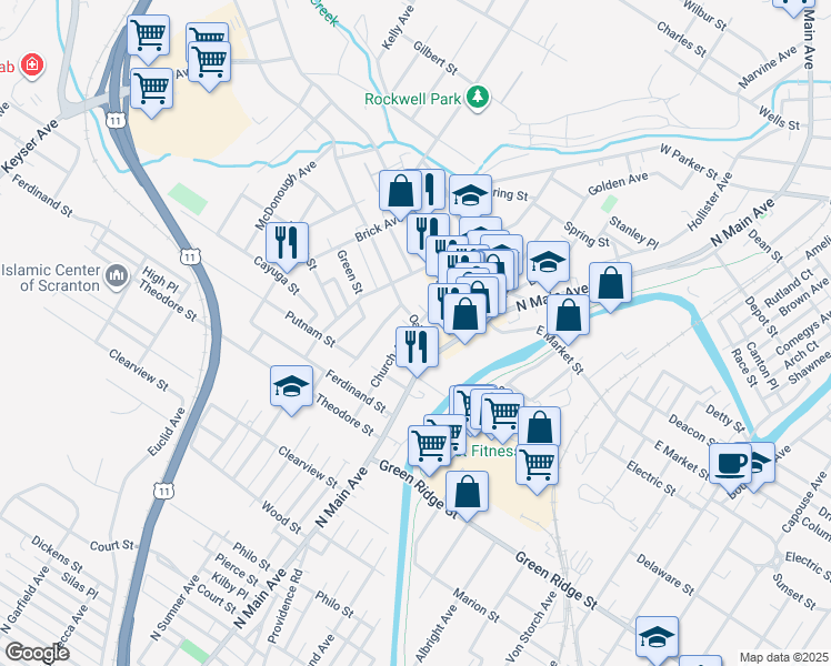 map of restaurants, bars, coffee shops, grocery stores, and more near 119 Oak Street in Scranton