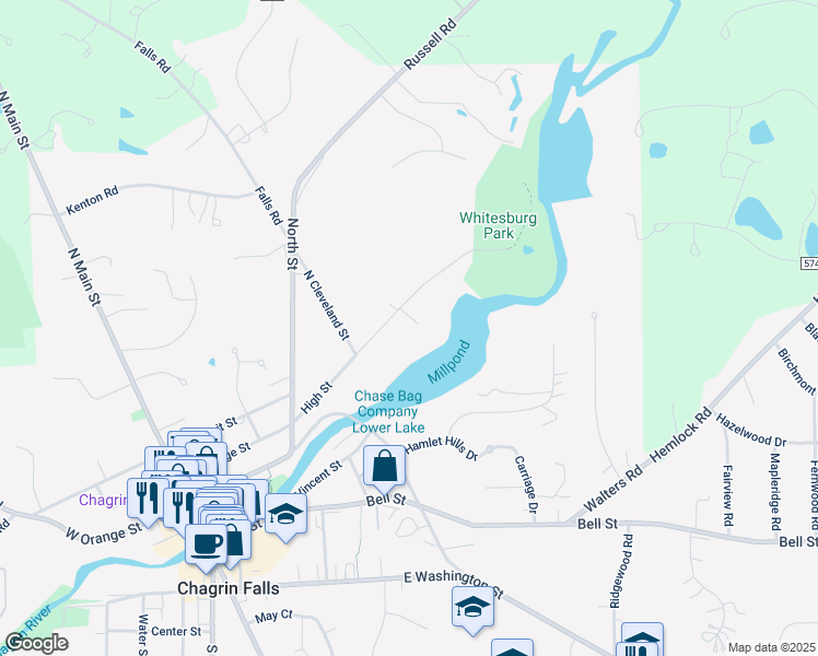 map of restaurants, bars, coffee shops, grocery stores, and more near 25 High Court in Chagrin Falls