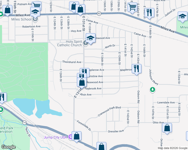 map of restaurants, bars, coffee shops, grocery stores, and more near 13309 Christine Avenue in Garfield Heights