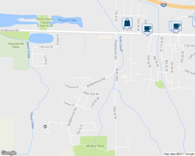 map of restaurants, bars, coffee shops, grocery stores, and more near 8308 Ridgewood Road in Rock Island