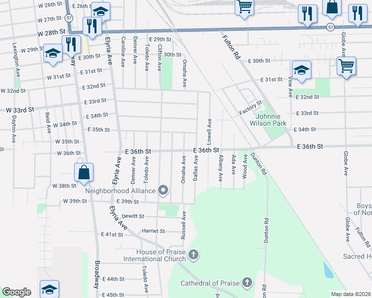 map of restaurants, bars, coffee shops, grocery stores, and more near 1005 E 36th St in Lorain