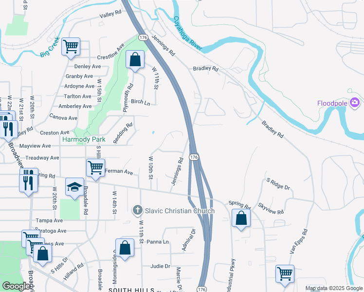 map of restaurants, bars, coffee shops, grocery stores, and more near 4286 Jennings Road in Cleveland