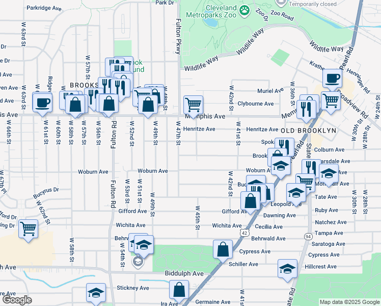 map of restaurants, bars, coffee shops, grocery stores, and more near 4512 Brooklyn Avenue in Cleveland