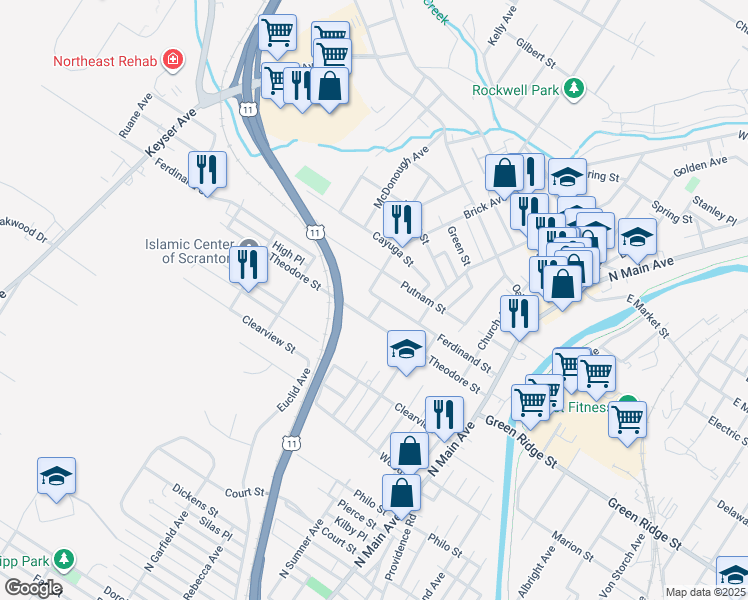map of restaurants, bars, coffee shops, grocery stores, and more near 361 Ferdinand Street in Scranton