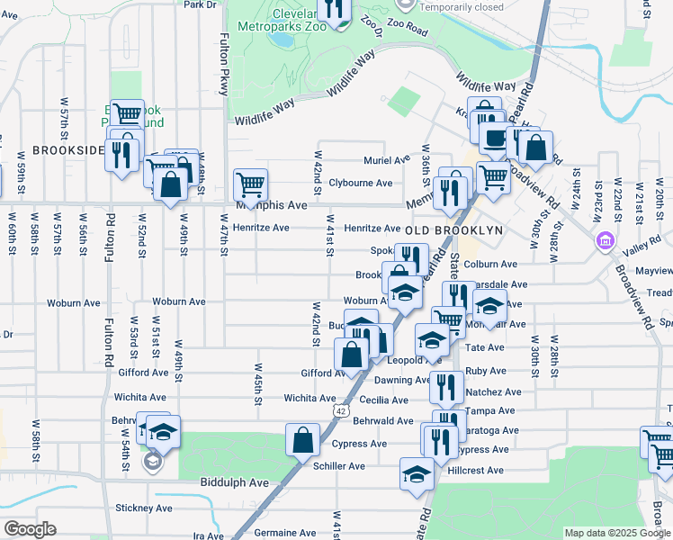 map of restaurants, bars, coffee shops, grocery stores, and more near 4020 Brooklyn Avenue in Cleveland