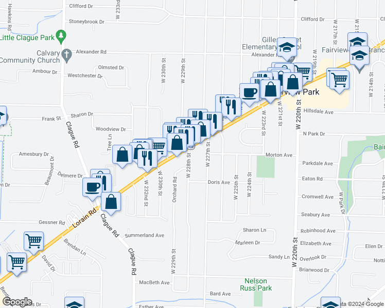 map of restaurants, bars, coffee shops, grocery stores, and more near 4435 West 228th Street in Fairview Park