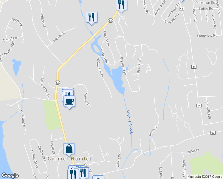 map of restaurants, bars, coffee shops, grocery stores, and more near 70 Willow Trail Court in Carmel Hamlet
