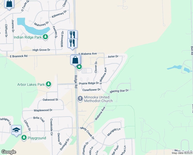 map of restaurants, bars, coffee shops, grocery stores, and more near 1126 Clover Drive in Minooka