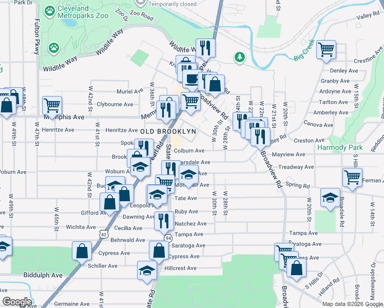 map of restaurants, bars, coffee shops, grocery stores, and more near 3207 Colburn Ave in Cleveland