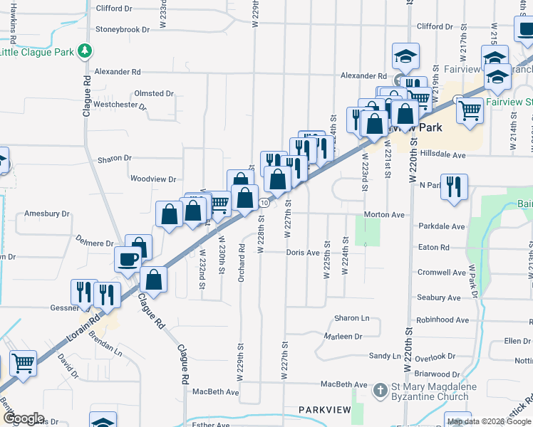 map of restaurants, bars, coffee shops, grocery stores, and more near 4435 West 228th Street in Fairview Park