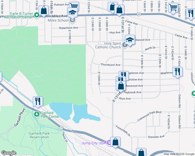 map of restaurants, bars, coffee shops, grocery stores, and more near 4482 East 126th Street in Garfield Heights