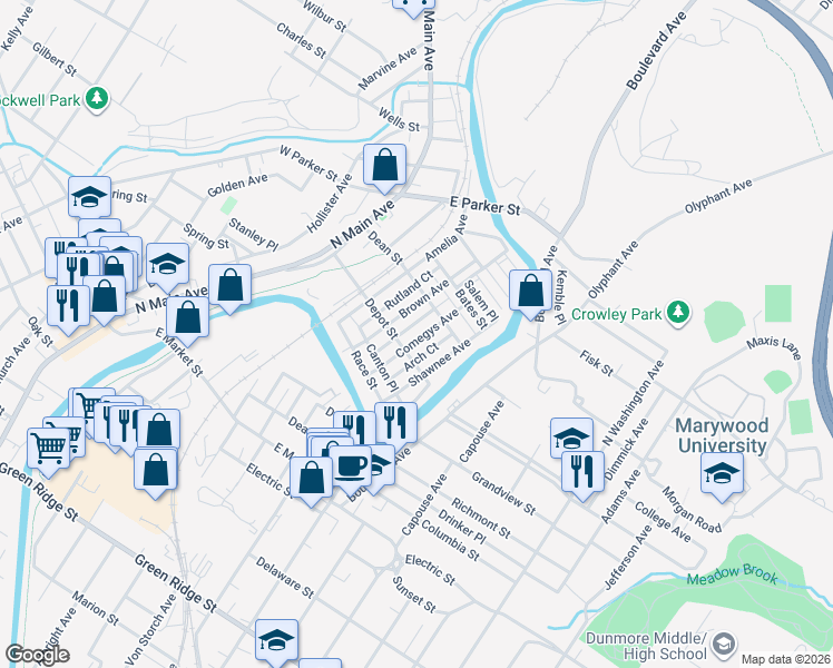 map of restaurants, bars, coffee shops, grocery stores, and more near 2219 Comegys Avenue in Scranton