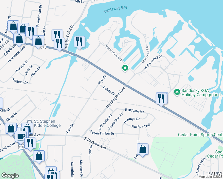 map of restaurants, bars, coffee shops, grocery stores, and more near 2025 Rohde Street in Sandusky