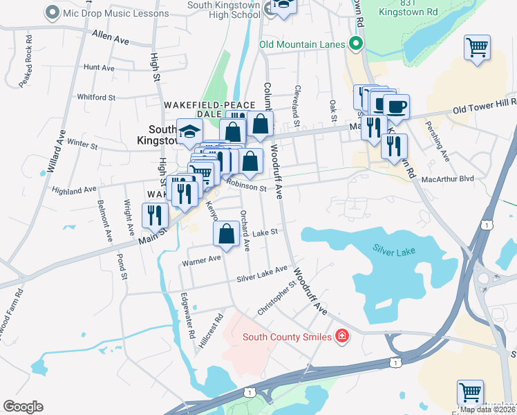 map of restaurants, bars, coffee shops, grocery stores, and more near 110 Meadow Avenue in South Kingstown