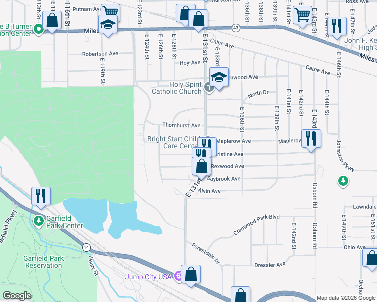 map of restaurants, bars, coffee shops, grocery stores, and more near 12905 Christine Avenue in Garfield Heights