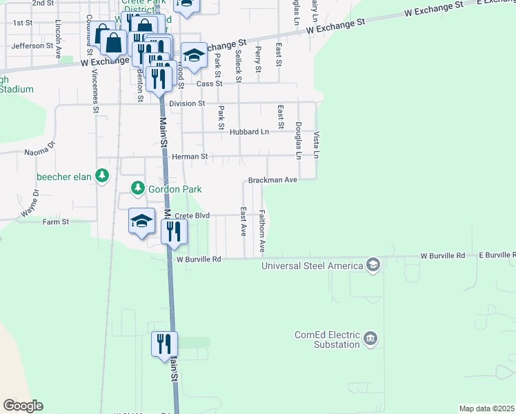 map of restaurants, bars, coffee shops, grocery stores, and more near 1562 Faithorn Avenue in Crete