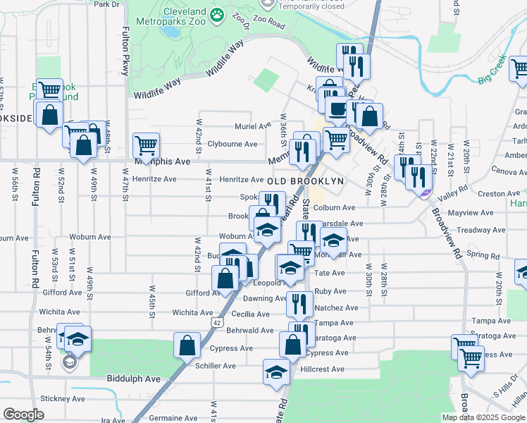 map of restaurants, bars, coffee shops, grocery stores, and more near 3708 Brooklyn Avenue in Cleveland