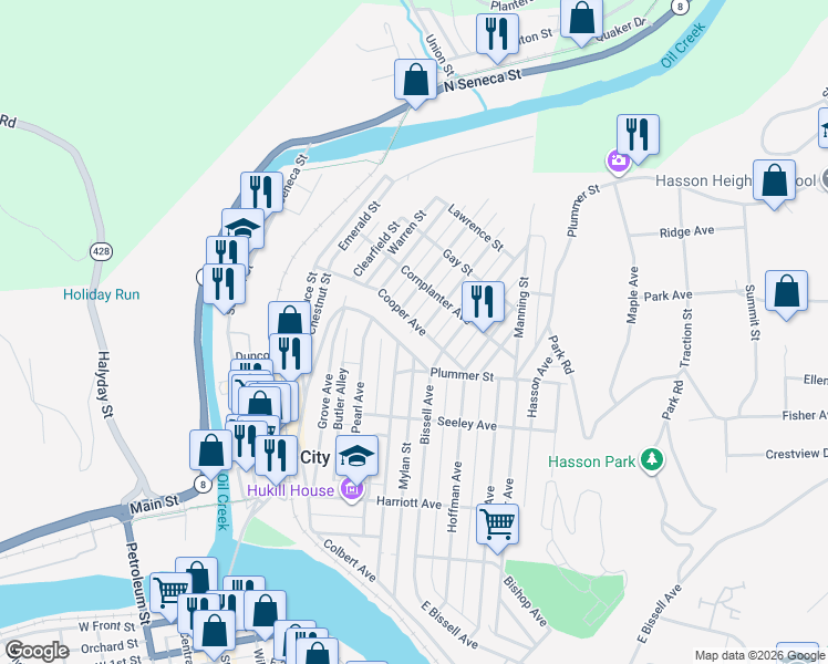 map of restaurants, bars, coffee shops, grocery stores, and more near 202 Plummer St in Oil City