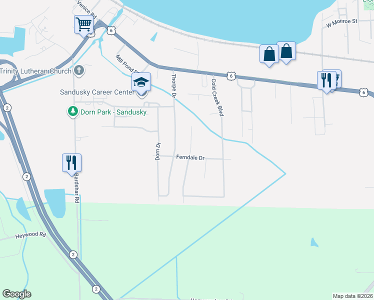 map of restaurants, bars, coffee shops, grocery stores, and more near 734 Walnut Ridge Lane in Sandusky