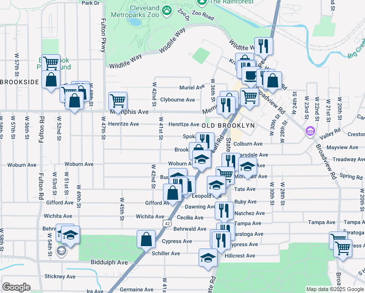 map of restaurants, bars, coffee shops, grocery stores, and more near 3902 Brooklyn Avenue in Cleveland