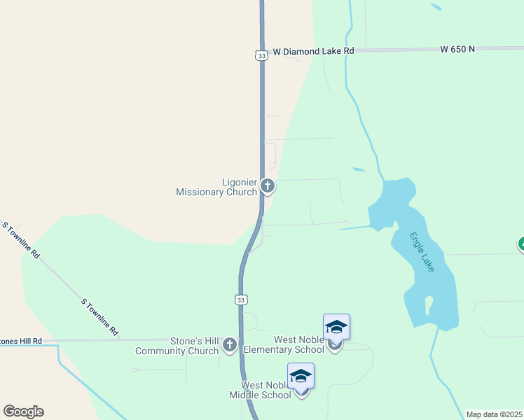 map of restaurants, bars, coffee shops, grocery stores, and more near US-33 & IN-5 in Ligonier